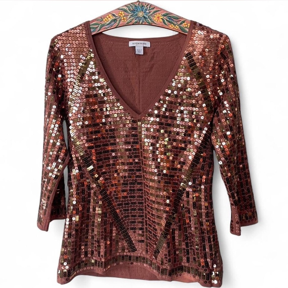 Boston Proper Copper Sequin V-Neck Top